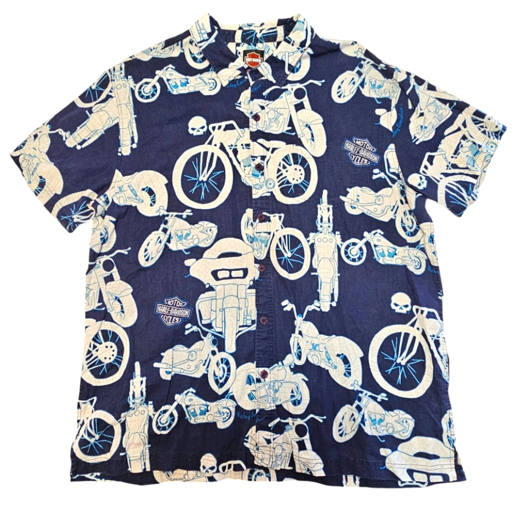 Harley Davidson Mens 2XL Blue Motorcycle Skull Print Linen Blend Hawaiian Shirt